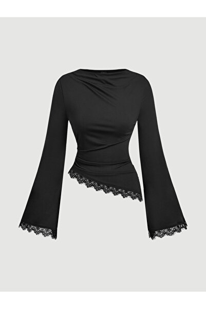 WEEST MODA Μαύρη ασύμμετρη ισπανική μπλούζα με δαντέλα στο τελείωμα και λεπτο...