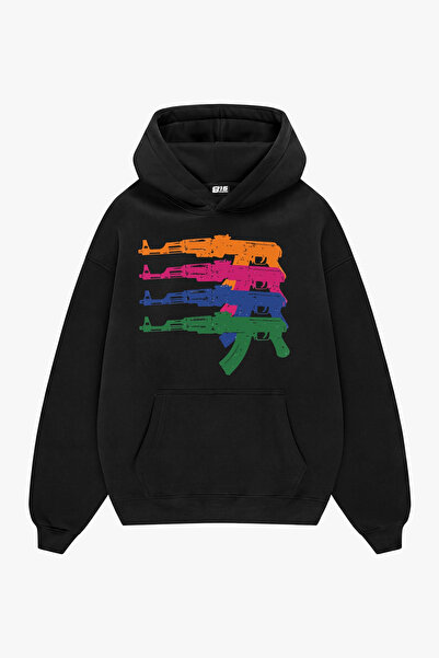 Sekizbiraltı Pop Art Neon Baskılı Siyah Oversize Unisex Hoodie