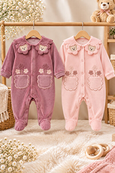 MYZİ STORE Kız Bebek 2’li Uzun Kollu Kadife Tulum Seti Nakışlı ve Çiçek Desenli