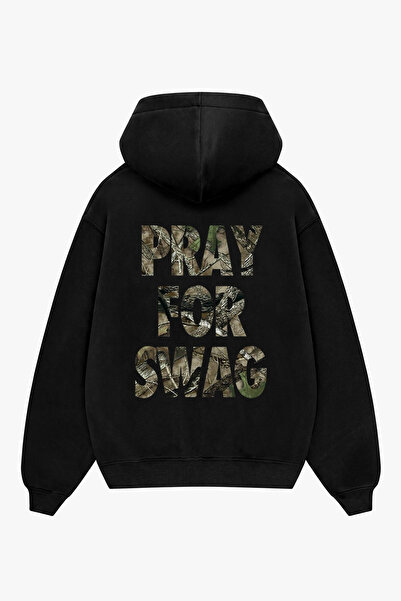 Sekizbiraltı Traves Pray For Swag Sırt Baskılı Siyah Oversize Unisex Hoodie
