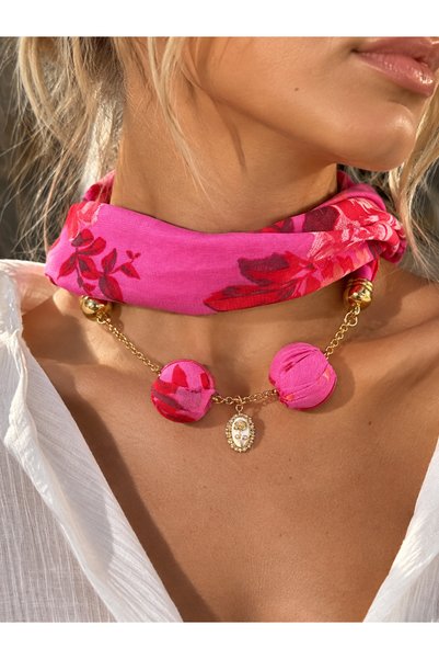 Bukiro Women's Fuchsia Floral Patterned Scarf Necklace Fabric Shawl Necklace ...