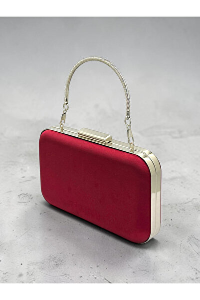 Biçanta Burgundy Satin Silver Metal Detailed Crystal Stone Embroidered Chain Strap Women's Evening Dress Bag Wedding Engagement Graduation