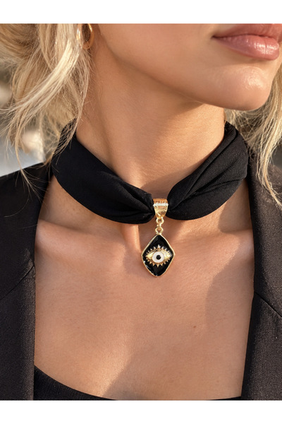 Bukiro Kadın Kumaş Fular Kolye Burgu Şal Kolye Gold Metal Zincir Madalyon Naz...