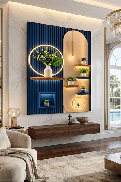 zeyrada Premium Özel Tasarım Modern 3D Efektli Işıklı Halka ve Raflı Saksı Bi...