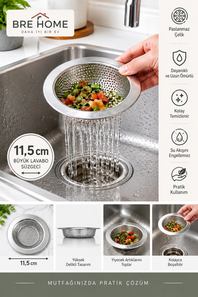 BRE HOME 11,5 cm Paslanmaz Çelik Büyük Lavabo Süzgeci – Mutfak Gideri ve Yeme...