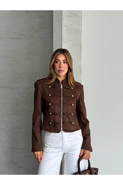Butik Beyza Napolyon Düğme Detaylı Süet Kumaş Kısa Ceket