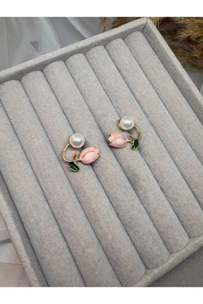 Kaan Accessoire Pink Tulip and Pearl Detailed Gold Earrings Stylish Women's A...