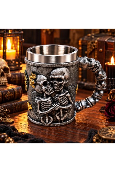 hediyeconcepti 500 ml Aşık İskelet Çift Figürlü 3D Dekoratif Kupa Kuru Kafa P...