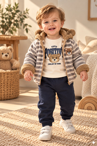 Erkek çocuk Ayı baskılı Peluş Mont Sweatshirt ve Eşofman Altı 3lü set