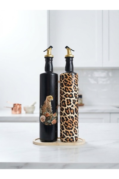Mes Reves Büyük boy 2'li set Cam Yağdanlık Sirkelik Seti 750 ml - Leopar Dese...