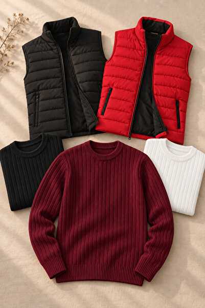 OTAKU 5-Piece Men's Combination Set – 2 Quilted Vests + 3 Crew Neck Sweaters