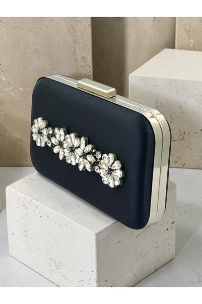 Biçanta Navy Blue Satin Silver Metal Detailed Crystal Stone Embroidered Chain Strap Women's Evening Dress Bag Wedding Engagement Graduation