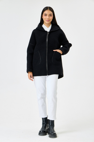 della moor Women's Black Italian Wool Hooded Zippered Scuba Fabric Oversize S...