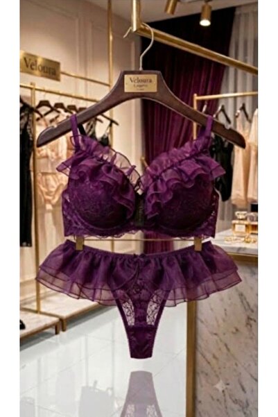 veloura lingerie kadın fırfır detaylı iç çamaşırı takımı