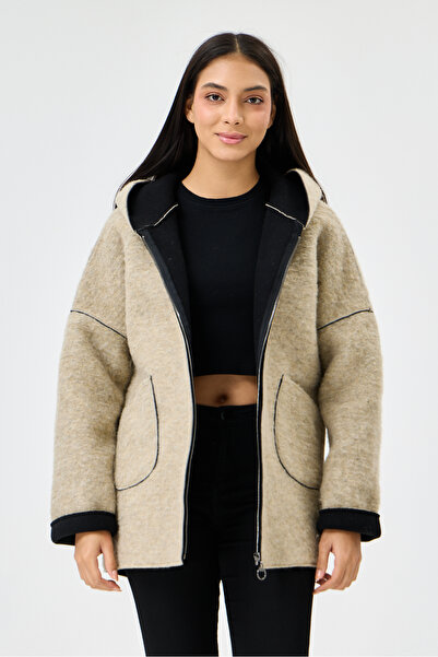 della moor Women's Beige Italian Wool Hooded Zippered Scuba Fabric Oversize S...
