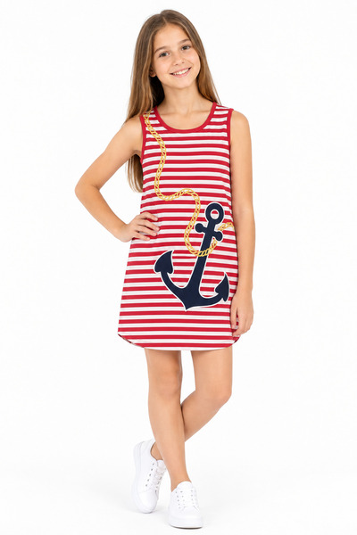 Elnino Anchor Embroidery Striped Girls' Dress