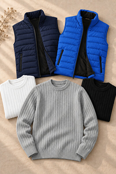 OTAKU 5-Piece Men's Combination Set – 2 Quilted Vests + 3 Crew Neck Sweaters