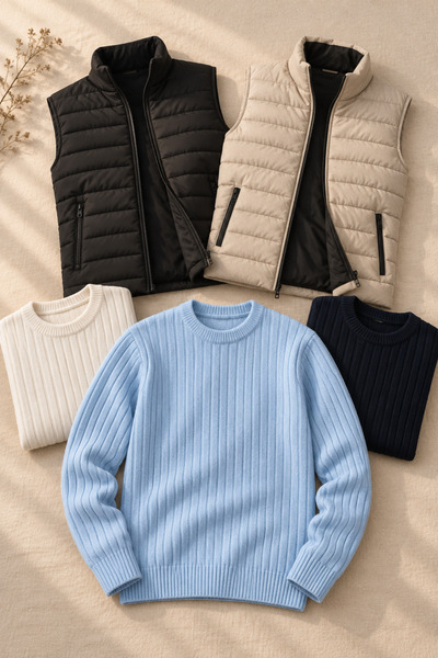 OTAKU 5-Piece Men's Combination Set – 2 Quilted Vests + 3 Crew Neck Sweaters
