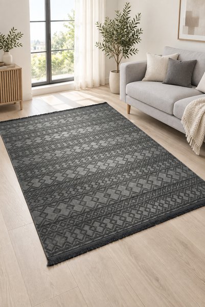Modern İskandinav Geometrik Desenli Antrasit Kaymaz Taban Kolay Temizlenebilir Salon Halısı