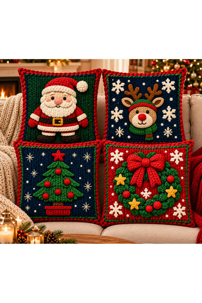 Sakallı Christmas Tale 3D Knitted Look 4-Piece Throw Pillow Cover Set with Sa...