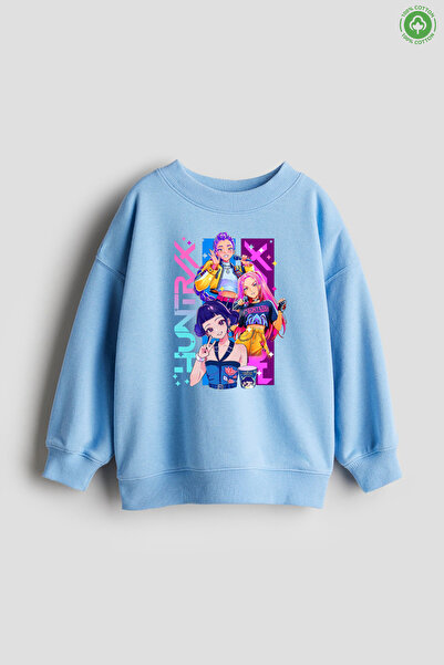 No9Wear % 100 Pamuk Huntrıx K-Pop Demon Baskılı Kız Çocuk Sweatshirt 4-14 Yaş