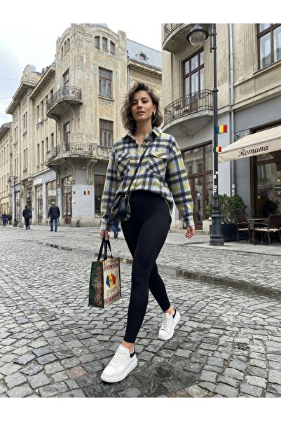 Polologin Butik Oversize Double Pocket Women's Lumberjack Shirt - Yellow Blue...