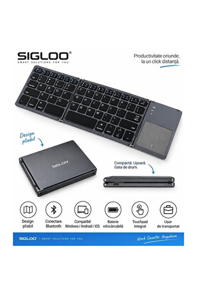 SIGLOO Πτυσσόμενο πληκτρολόγιο Bluetooth από αλουμίνιο, με ενσωματωμένο touch...