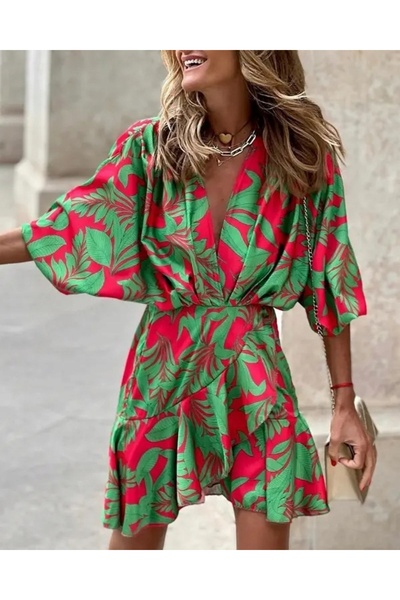 NO BRAND Rochie elegantă de damă, mâneci liliac, volane la modă, verde, L