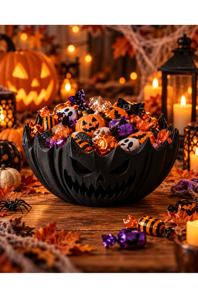 Halloween Balkabağı Kase Şekerlik - Cadılar Bayramı Dekoratif Şeker Kasesi Siyah