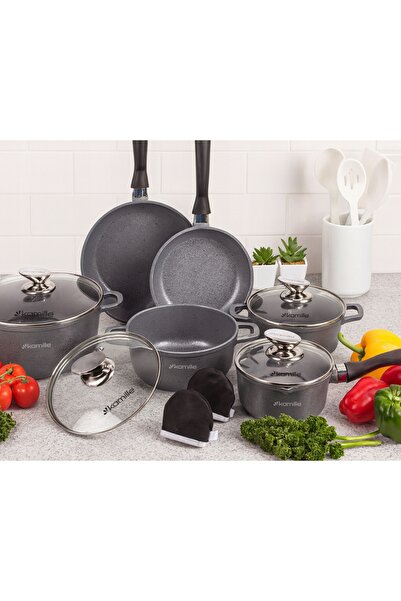 Kamille Set complet de vase de gătit, 10 piese, incluzând cratiță și tigaie, ...