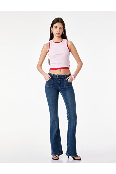 Koton Düğmeli Düşük Bel Pamuklu İspanyol Paça Denim Pantolon - Flare Jeans