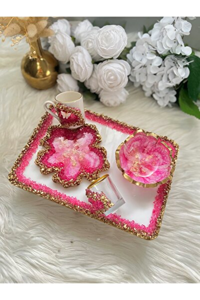 RESİNARTSHOP Epoksi sunum fincan seti pembe 5 parça