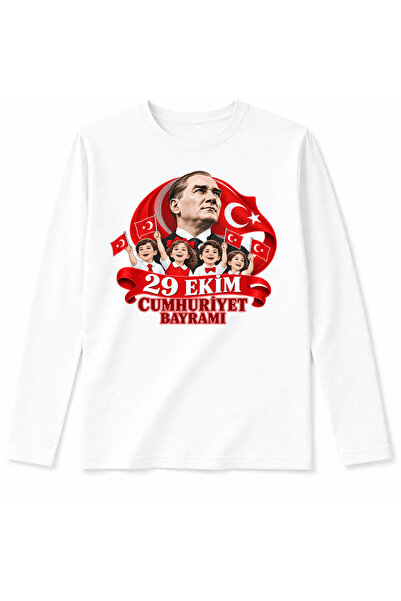 Efendioğlu Design Uzun kollu Yeni bayrak sallayan 4 çocuk ve atatürk 29 Ekim ...
