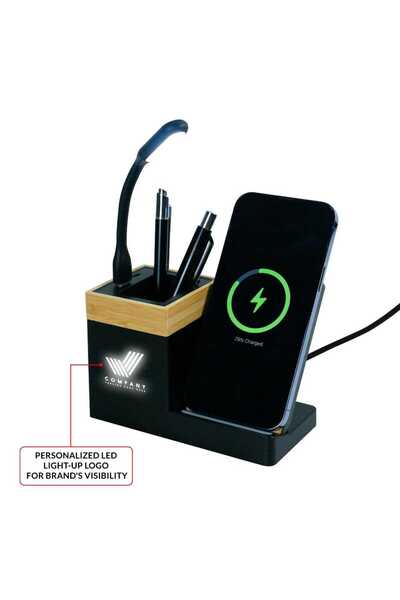 Generic Customized Bamboo Pen Holder with 15W Wireless Charger & LED Logo