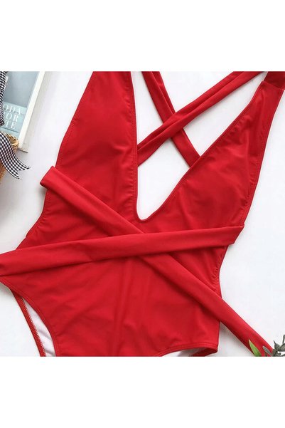 NO BRAND Costum de baie întreg, mărimea M, roșu, monokini, decolteu în V, cu ...