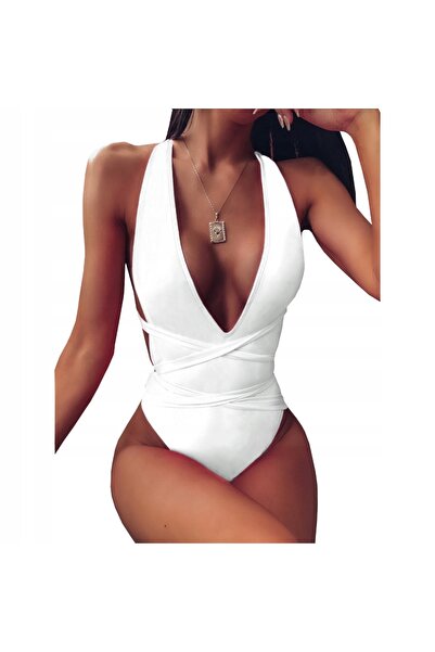 NO BRAND Costum de baie întreg cu legături, cu decolteu, negru, XL