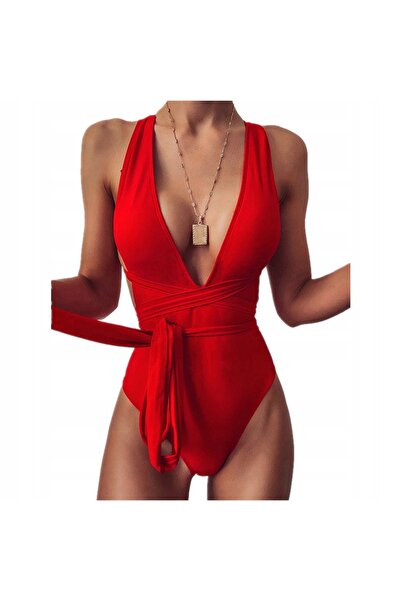 NO BRAND Costum de baie întreg cu legătură în față și guler cu model pepit XXL