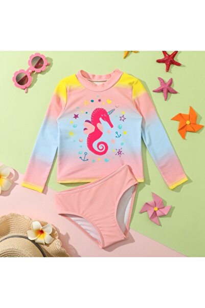 NO BRAND Costum de baie din două piese pentru fete, cu căluț de mare, UPF50+,...