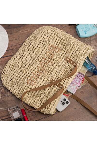 NO BRAND Geantă de vară de damă, stil boho, mare, tip coș, din paie, bej, la ...