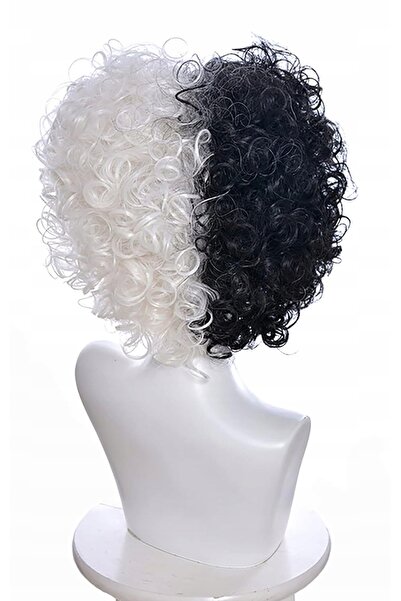 Korbi Perucă de păr de damă Cruella de Mon, alb-negru, pe plasă, cosplay W79