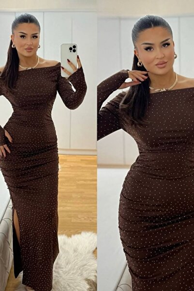 AVEN WOMAN Asimetrik Yaka Uzun Kollu Dar Kesim Full Taşlı Uzun Elbise