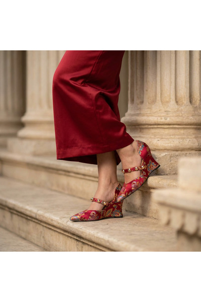 Letafia Valley Ethnic Pattern Gold Trok Detailed Feta Heeled Παπούτσια με τακ...