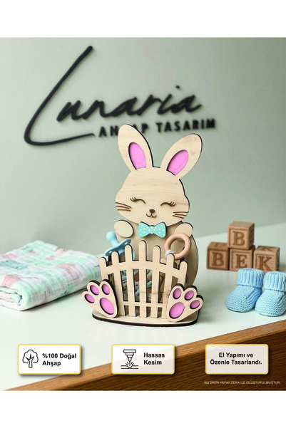 Dekoratif Tavşanlı Ahşap Bebek Sepeti 40 Sepeti Baby Shower Sepeti