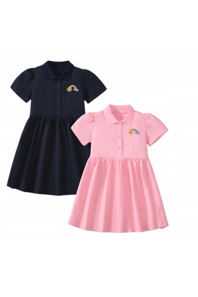 NO BRAND Rochie de copii din bumbac, tip polo, albastru marin, cu imprimeu cu...