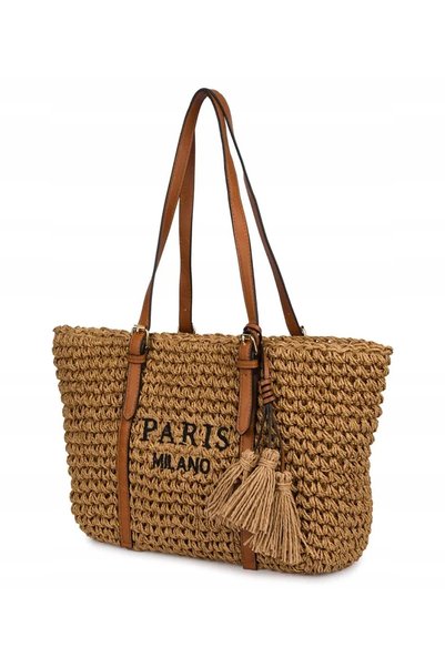 Agrafka Geantă de vară mare, tip coș, din paie, maro, stil boho, la modă, pen...