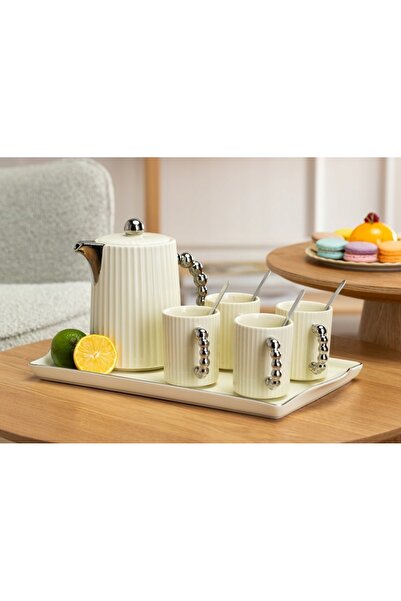 HowHomely Set de cafea și ceai Luca crem 10 piese pentru 4 persoane GLAM argi...