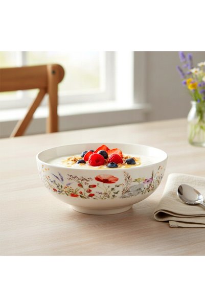 Orion Bol de bucătărie din porțelan alb cu model floral, pentru salată și sup...