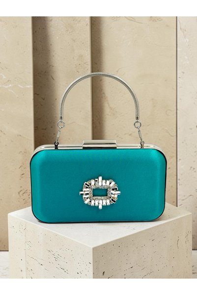 Biçanta Green Satin Silver Metal Detailed Crystal Stone Embroidered Chain Strap Women's Evening Dress Bag Wedding Engagement Graduation
