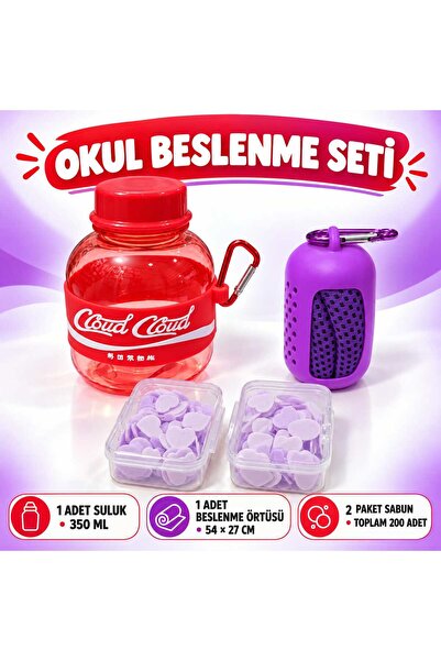 4'lü Okul Beslenme Seti 350 Ml Mini Suluk, Renkli Beslenme Örtüsü, 2 Adet 100'lü Mini Sabun, Mini Renkli Su Şişesi 350ml Figürlü Renkli Matara Mini El Sabunu Eriyen Kağıt El Sabunu Okula Dönüş 4 Parça