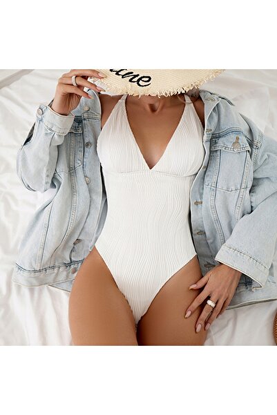 NO BRAND Costum de baie întreg, sexy, cu inel, alb, L